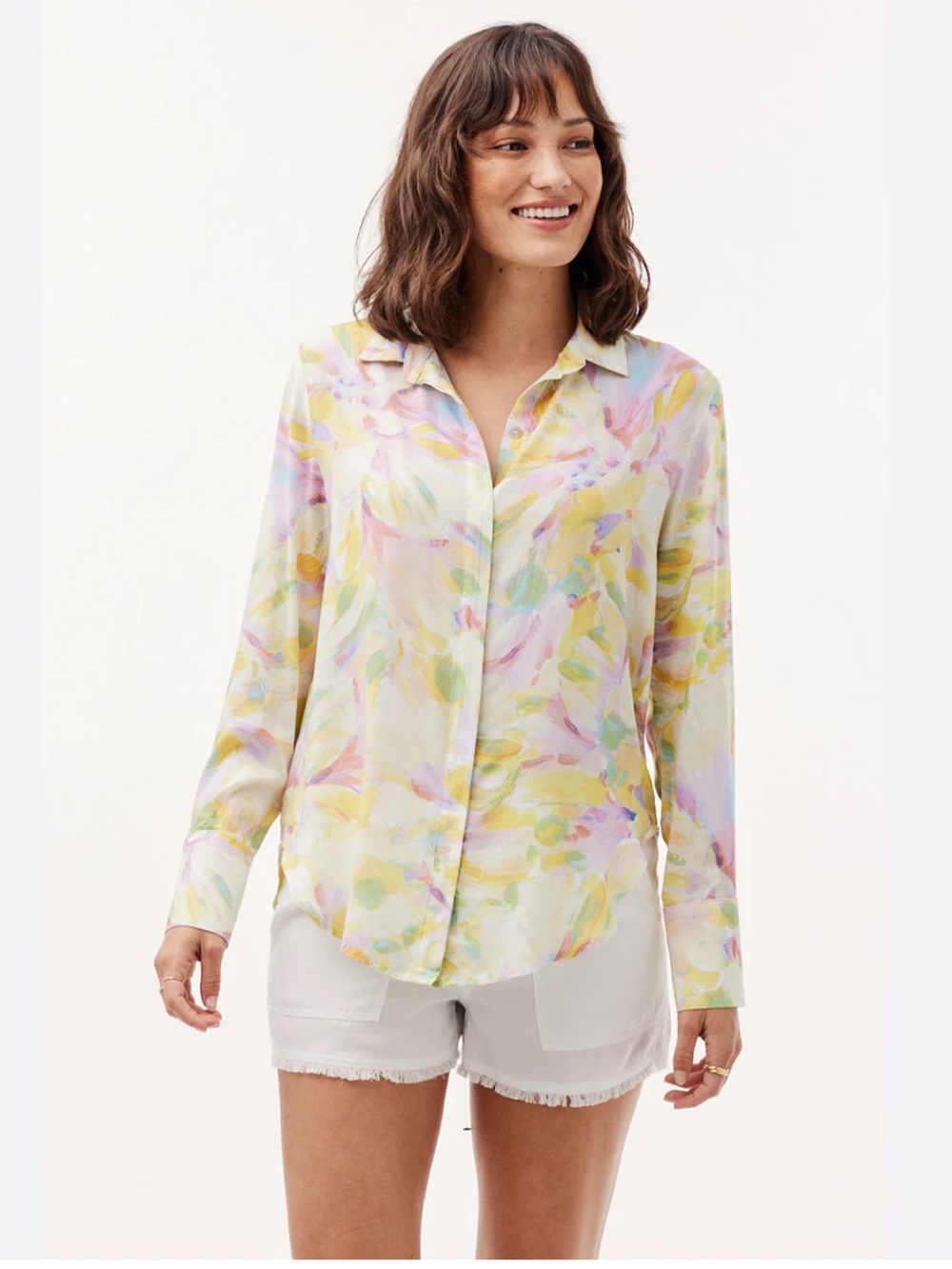 Bella Dahl Pastel Watercolor Collared Button-Down — Yellow, Pink, Lavender, Mint